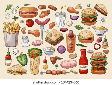 Big vector fast food elements on light background. Hand drawn street food collection