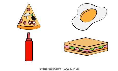 Big vector fast food snack set isolated on white background: burger, dessert, pizza, coffee, chicken, wok, beef etc