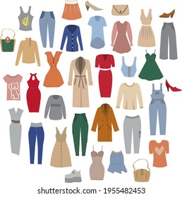 big vector flat set of different women’s fashion clothes from sweaters, dresses, trousers, jackets skirts coats pants jeans bag shoes