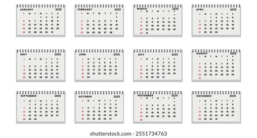 Big vector folding desk classic calendar 2025 year template set. Horizontal calendar week starts Sunday. Yearly organizer. Simple calendar template in minimalist design.