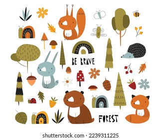 Big vector forest set. Cute cartoon animals, forest plants, insects and berries. Bear, fox, squirrel, hedgehog, hare. Scandinavian style. Lettering. Stickers, poster, postcard.