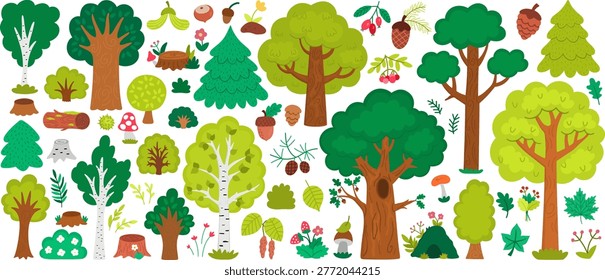 Big vector forest trees and plants set. Cartoon woodland flora collection. Natural parkland scene constructor with birch, pine, fir tree, acorn, mushrooms, cones. Environment care concept
