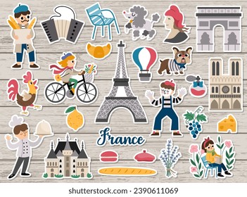 Gran vector de pegatinas francesas. Francia parches la colección de íconos con la divertida torre Eiffel, gente, animales, cruasán, baguette. Cutas ilustraciones turísticas sobre fondo de madera
