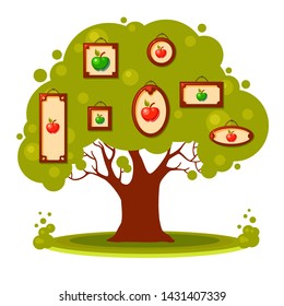 Big vector green tree with red and green apples in frames of different shapes. Cartoon garden. Cute summer illustration. Good harvest