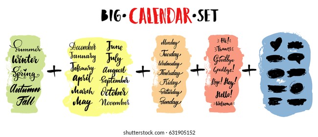 Big vector hand-drawn calligraphic calendar set with seasons, months, days of week, greeting and farewell and spots. Brush calligraphy, hand lettering. For schedule, diary, journal, postcard.