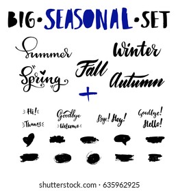 Big vector hand-drawn calligraphic isolated seasonal set with seasons, greeting and farewell. Brush calligraphy, hand lettering. For schedule, diary, journal, postcard.