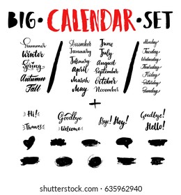 Big vector hand-drawn calligraphic isolated calendar set with seasons, months, days of week, greeting and farewell. Brush calligraphy, hand lettering. For schedule, diary, journal, postcard.