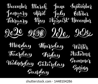 Big vector handdrawn calligraphic monthly set with months, year 2020 and days of week. Vector