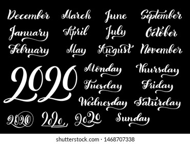 Big vector handdrawn calligraphic monthly set with months, year 2020 and days of week. Vector