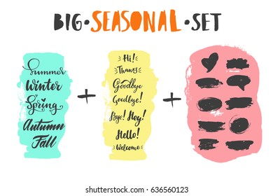 Big vector hand-drawn calligraphic seasonal set with seasons, greeting, farewell and spots. Brush calligraphy, hand lettering. For schedule, diary, journal, postcard.