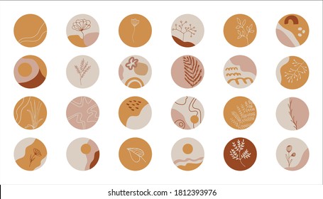 Gran vector destaca el conjunto de iconos de portada para historias de medios sociales. Resumen de fondos de colección con formas, doodle de flores, puntos y líneas. Hand dibujó plantillas redondas para los bloggers contemporáneos.