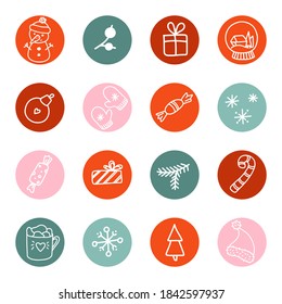 Big vector highlights cover icon set for social media stories. Christmas icons. Winter theme. Hand drawn round templates for contemporary bloggers. 