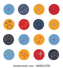 Big vector highlights cover icon set for social media stories. Space icons. Hand drawn round templates for contemporary bloggers.