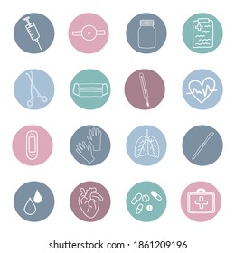 Gran vector destaca el conjunto de iconos de portada para historias de medios sociales. Iconos médicos. Hand dibujó plantillas redondas para los bloggers contemporáneos.