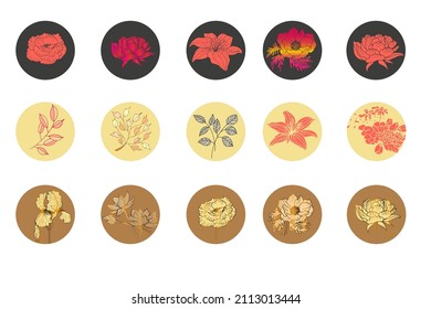 Big vector highlights cover icon set for social media stories. Abstract boho collection backgrounds with shapes, flowers doodle, dots and lines. Set of vector icons for your business