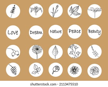Gran vector destaca el conjunto de iconos de portada para historias de medios sociales. Resumen de antecedentes de colección boho con formas, doodle de flores, puntos y líneas. Conjunto de iconos vectoriales para su negocio