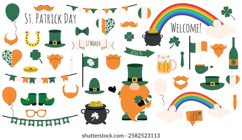 Big vector horizontal Happy St. Patrick's Day set with green clover, shamrock, gold coins pot, flag, rainbow, moustache, horseshoe, hat, flags, garlands, beer  in hand drawn style. Doodle design