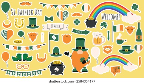 Big vector horizontal Happy St. Patrick's Day sticker set with green clover, shamrock, gold coins pot, flag, rainbow, moustache, horseshoe, hat, flag, garlands, beer in hand drawn style. Doodle design