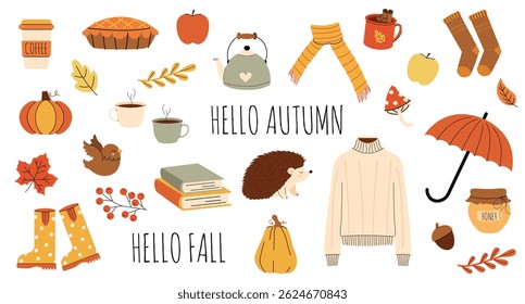 Big vector horizontal Hello Autumn set in hand-drawn style. Cozy fall doodles perfect for seasonal gifts, banners, postcards, and greeting cards. Warm autumn collection in flat style.