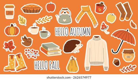 Big vector horizontal Hello Autumn sticker set in hand-drawn style. Cozy fall doodle design with pumpkin, coffee, sweater, books, leaves, and candles. Warm and cute autumn collection in flat style.