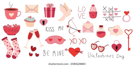 Big vector horizontal Valentine's day set in hand drawn style. Cute romantic doodle designs for decorating gifts, banners, postcards, greeting cards.  Valentine's Day collection in flat style.