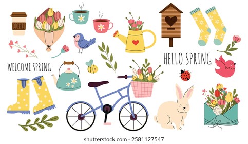 Big vector horizontal Welcome Spring set in hand drawn style. Cute springtime doodle designs for decorating gifts, banners, postcards, greeting cards. Hello spring collection in flat style.