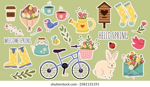 Big vector horizontal Welcome Spring sticker set in hand drawn style. Cute springtime doodle design with birds, bike, flowers, birdhouse, bunny, leaves. Hello spring collection in flat style.