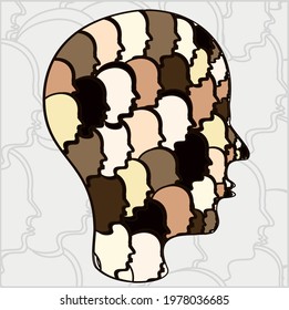 Big vector icon of the human's head silhouette made of a lot of small icons with faces in different colors. It represents the diversity and equality of races. Background is made of silhouettes in grey