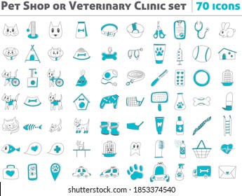 Big vector icon set, for veterinarian clinics or pet shop websites. Hand drawn style. Dog, cat and different vet symbols, isolated on white background