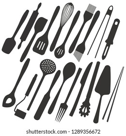 Big vector illustration collection of simple icons of different kitchen utensils and tools like cutlery, spatula, cake server or chopsticks for cooking, eating and baking