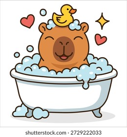 Ilustração grande vetor de um capivara kawaii bonito tomando um banho de bolha em uma banheira branca. Este engraçado personagem de desenho animado apresenta o roedor gigante favorito da internet em um estilo moderno doodle com contornos grossos. O mascote tem um pato de borracha amarelo em sua cabeça e é cercado por espuma de sabão, bolhas flutuantes, corações vermelhos e brilhos, representando relaxamento, higiene, autocuidado e tempo de spa. O design captura pura alegria, limpeza e conforto. Criado em formato vetorial de alta qualidade com linhas limpas e cores brilhantes (marrom, azul, amarelo), isolado em um fundo branco. Perfeito para embalagens adesivas, impressões de decoração de banheiro, planejadores diários, aplicativos de saúde e ilustrações das crianças.