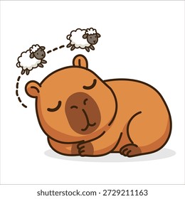 Gran Ilustración vectorial de un lindo capibara durmiente contando ovejas. Este divertido personaje kawaii presenta al roedor gigante favorito de Internet en un estilo de moda doodle con contornos gruesos. La mascota se acurruca para una siesta, soñando con corderos esponjosos saltando en un arco, representando el método clásico para conciliar el sueño o lidiar con el insomnio. El diseño captura la paz, la relajación, el cansancio y los dulces sueños. Creado en formato de Vector de alta calidad con líneas limpias y colores marrones brillantes, aislado sobre un fondo blanco. Ideal para pegatinas para la hora de acostarse, estampados de pijama, App de la salud, decoración de la guardería y Diseño web.