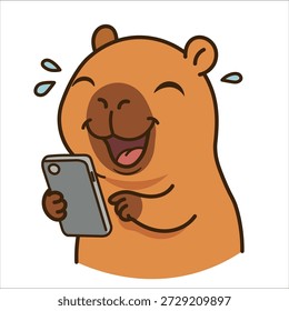Ilustração grande vetor de um kawaii capybara engraçado rindo histericamente em uma tela de smartphone. Este bonitinho personagem de desenho animado apresenta o roedor gigante favorito da internet em um estilo moderno doodle com contornos grossos. A mascote está segurando um telefone celular e rindo com lágrimas de alegria, representando uma reação a memes engraçados, vídeos virais, conteúdo de mídia social, ou uma mensagem de texto hilária. O design captura pura felicidade, entretenimento digital e vibrações positivas. Criado em formato vetorial de alta qualidade com linhas limpas e cores marrom brilhantes, isolado em um fundo branco. Ideal para pacotes de adesivos, emojis de telegrama, impressões de camisetas para impressão sob demanda, scrapbooking e web design.
