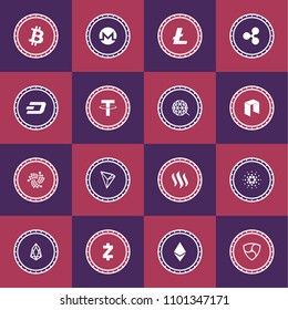 Big Vector Illustration Set Collection Of Cryptocurrency Coins in Circles. Gas, Qtum, Cardano, Dash, Tether, Steem, IOTA, TRON, Ethereum, EOS, Zcash, NEM, Litecoin, Ripple, Monero, Bitcoin