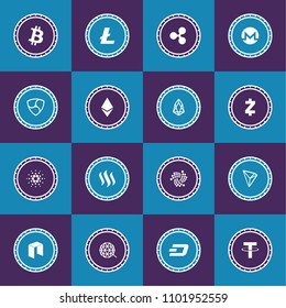 Big Vector Illustration Set Collection Of Cryptocurrency Coins in Circles. Gas, Qtum, Cardano, Dash, Tether, Steem, IOTA, TRON, Ethereum, EOS, Zcash, NEM, Litecoin, Ripple, Monero, Bitcoin