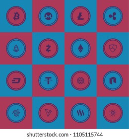 Big Vector Illustration Set Collection Of Cryptocurrency Coins in Circles. Gas, Qtum, Cardano, Dash, Tether, Steem, IOTA, TRON, Ethereum, EOS, Zcash, NEM, Litecoin, Ripple, Monero, Bitcoin