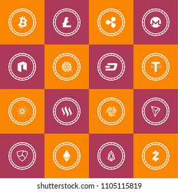 Big Vector Illustration Set Collection Of Cryptocurrency Coins in Circles. Gas, Qtum, Cardano, Dash, Tether, Steem, IOTA, TRON, Ethereum, EOS, Zcash, NEM, Litecoin, Ripple, Monero, Bitcoin