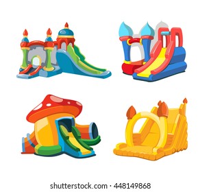 big Vector illustration set of inflatable castles and children hills on playground. Pictures isolate on white background