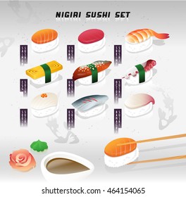 Big vector illustration set of a nigiri sushi. Japanese food. Menu cover with texture. Chopsticks and sushi, with soy sauce and wasabi on the foreground.