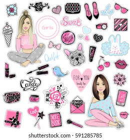 Big Vector kit of fashion patches. Set with glamour elements. Cute stickers for girls. Fashionable accessories. Trendy badges and pins. Stylish prints girls, lips, phone, makeup. flowers, hearts