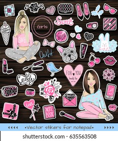 Big Vector kit of fashion patches. Set with glamour elements. Cute stickers for girls. Fashionable accessories. Trendy badges and pins. Stylish prints girls, lips, phone, makeup. flowers, hearts.