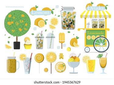 Big vector lemonade set. Flat illustration of glasses of lemonade, lemons cut and whole, lemon tree, lemonade cart, cake and ice cream. A set of all types and products from lemon.