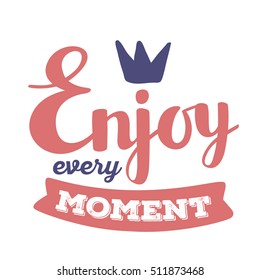 Big vector lettering red color handwritten inscription with ribbon and blue crown. Calligraphic inscription. Hand drawn lettering print. Apparel, t-shirt, bag, sticker, poster, card design