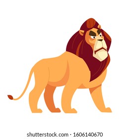 Big vector lion looking regal standing. Proud powerful, Beautiful Mighty Lion Cartoon, flat vector illustration isolated in white background.