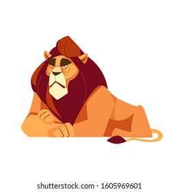 Big vector lion lying on savannah grass. Proud powerful, Beautiful Mighty Lion Cartoon, flat vector illustration isolated in white background.