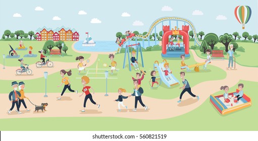 Big vector map of park. Cartoon funny illustration of different type of people relaxing in nature in a beautiful urban lands?ape, city skyline on the background. Children playground, sportsmen