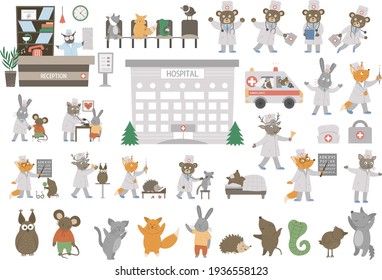 Big vector medical set with animals. Cute funny hospital building, ambulance car, reception hall, doctors, patients isolated on white. Health care concept for children.
