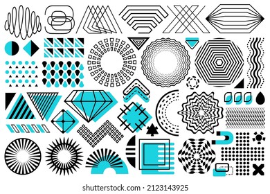 Big vector Memphis set, black and mint abstract modern design elements. Universal trend halftone geometric shapes collection, design elements with bright bold mint elements.