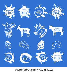 Big vector milk elements and logos collection.Cheese collection.Goat and cows' shapes.