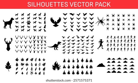 Big vector pack of silhouette designs of different animals and objects. Clip art of dogs, eagles, spiders, deer, dinosaurs, people running, plant leaves, fire and flames and clouds. 